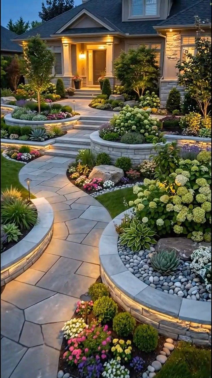 13 Front Lawn Landscaping Ideas for Curb Appeal and Low Upkeep 9 A winding flagstone walkway curves through a landscaped garden with stone walls and integrated lighting.