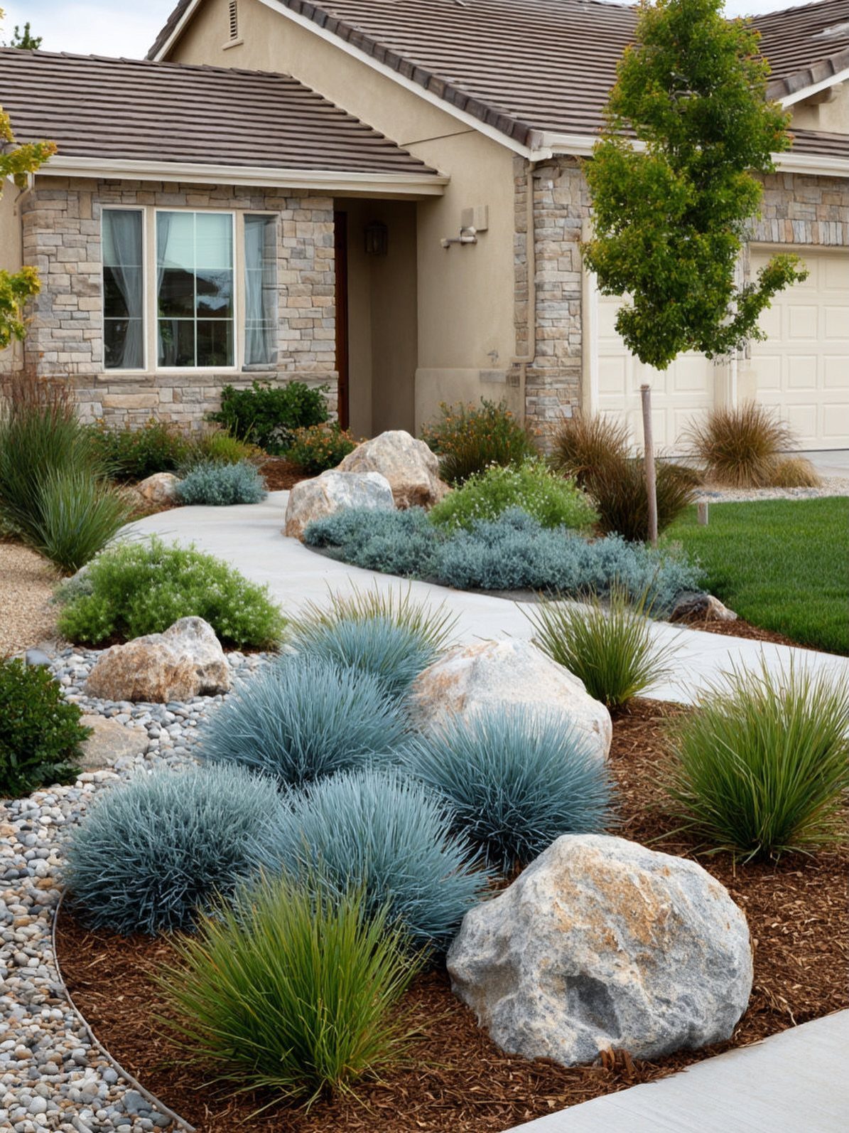 13 Front Lawn Landscaping Ideas for Curb Appeal and Low Upkeep 5 Ornamental grasses and large boulders arranged in a landscaped garden bed along a concrete walkway.