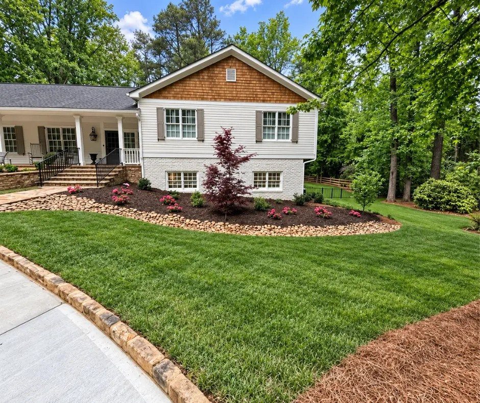 13 Front Lawn Landscaping Ideas for Curb Appeal and Low Upkeep 1 A landscaped front yard featuring a mulch bed with small stones forming a decorative border.