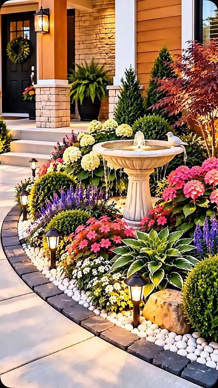 13 Front Lawn Landscaping Ideas for Curb Appeal and Low Upkeep 8 Colorful garden landscape with a stone fountain, blooming hydrangeas, and various shrubs near a house entrance.