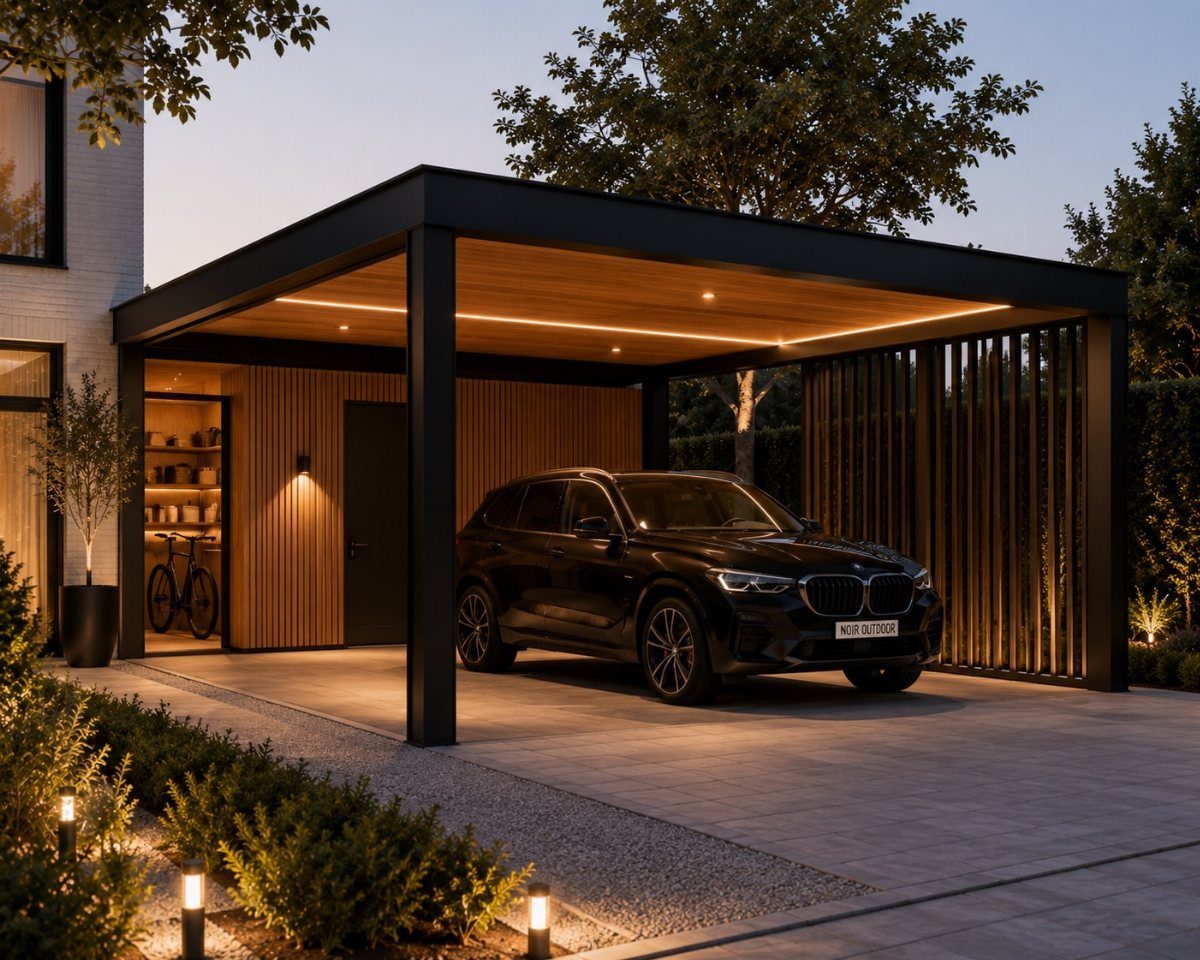 Black modern carport with wooden ceiling sheltering a black SUV on a paved driveway.