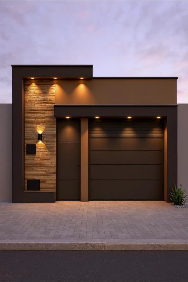 Modern dark brown garage extension with stone accent wall and warm exterior lighting at dusk.