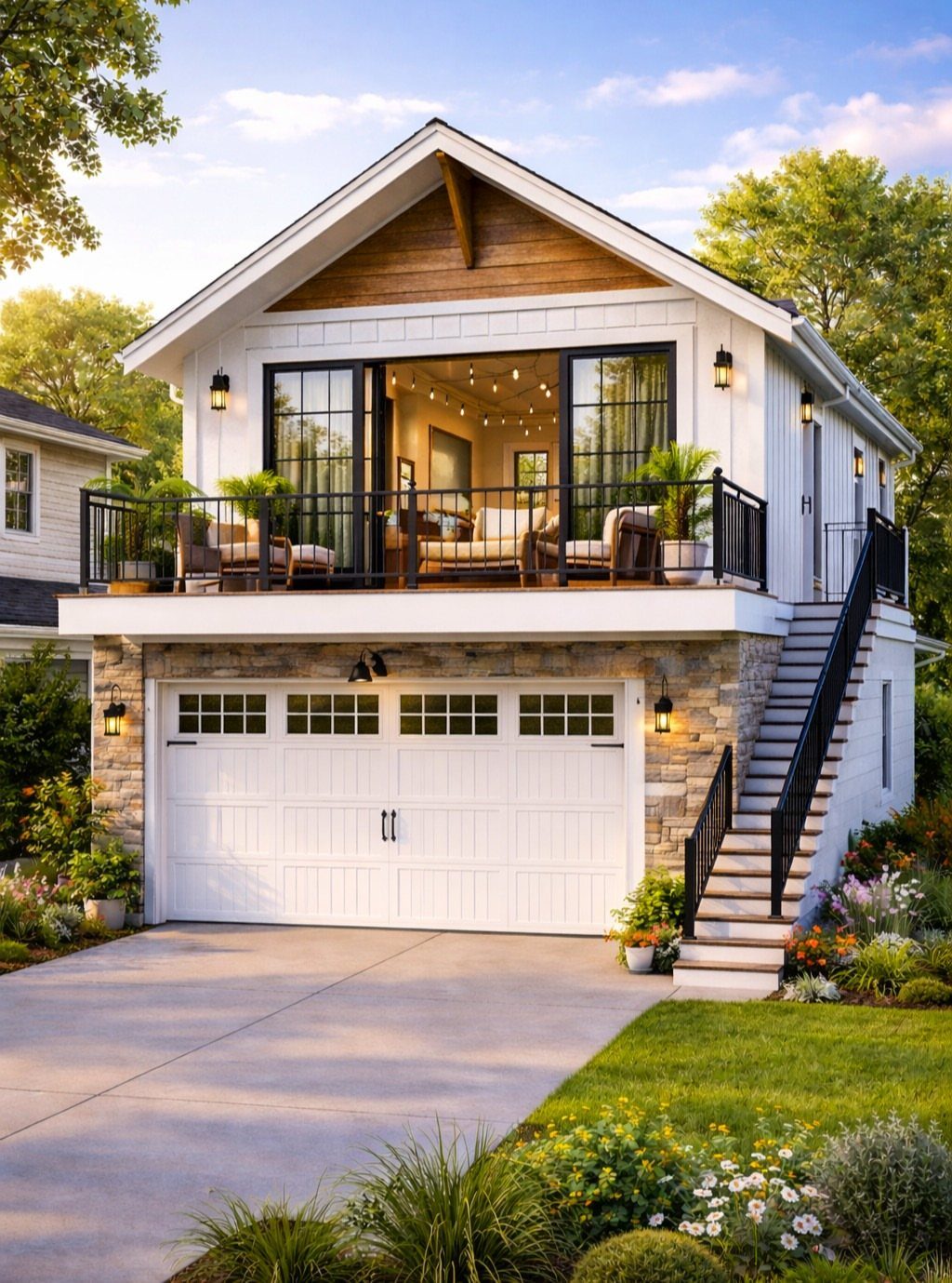 Garage Rooftop Deck: 8 Ideas for Your Space Above 6 A white house with a large garage and a furnished rooftop deck above it.