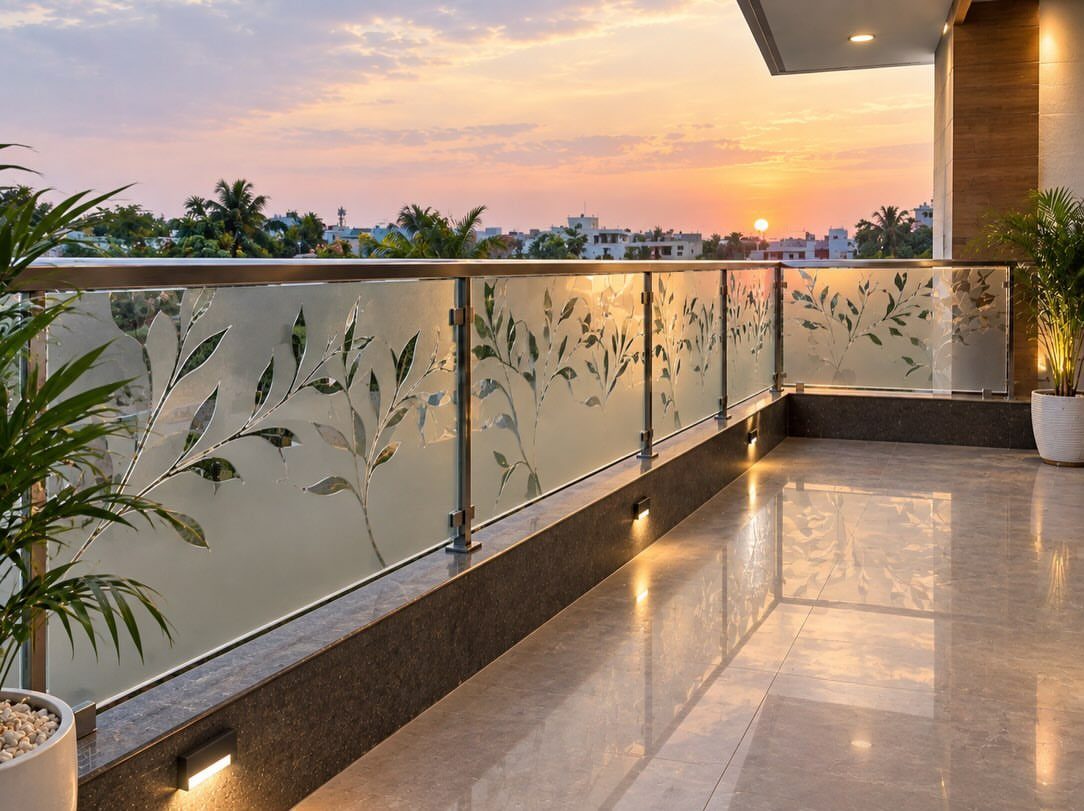 Garage Rooftop Deck: 8 Ideas for Your Space Above 4 A modern rooftop balcony with frosted glass railings overlooking a sunset cityscape with palm trees.