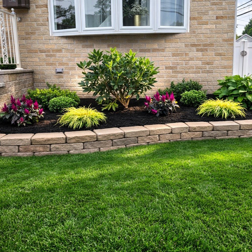 10 Garden Front of House Ideas: From Foundation Beds to Arbors 1 Green shrubs, yellow grasses, and pink flowers planted in a stone garden bed against a brick house.