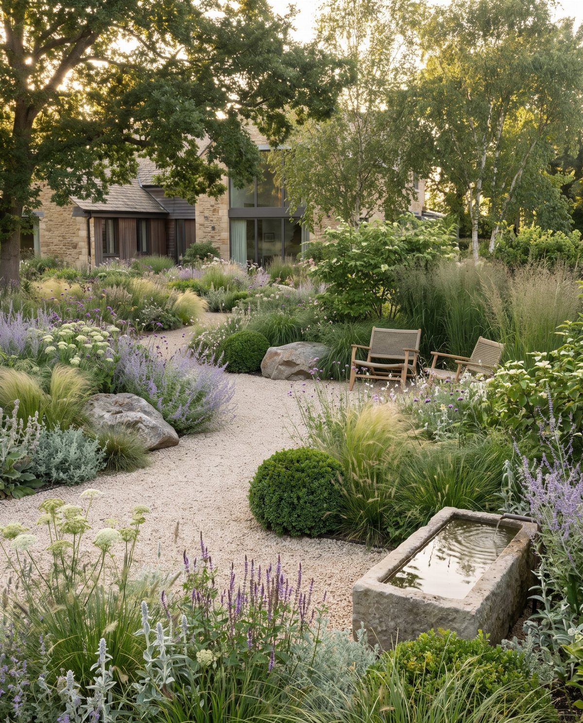 10 Garden Front of House Ideas: From Foundation Beds to Arbors 3 A gravel garden path winding through lush green shrubs, purple flowers, and a stone water trough.