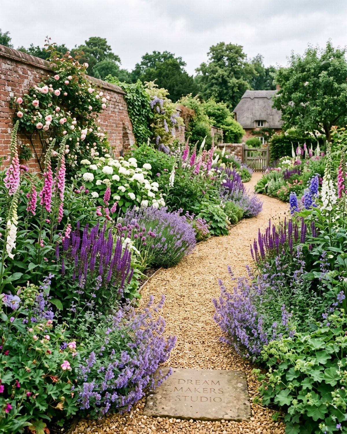 10 Garden Front of House Ideas: From Foundation Beds to Arbors 6 Colorful garden borders with purple, pink, and white flowers lining a gravel pathway.