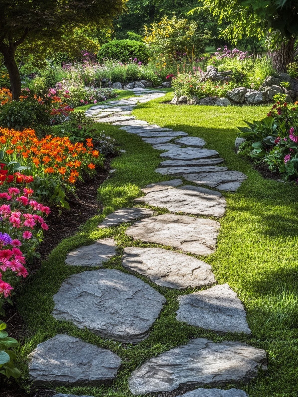 10 Garden Front of House Ideas: From Foundation Beds to Arbors 8 Irregular grey flagstone path winding through a lush green lawn and vibrant flower gardens.