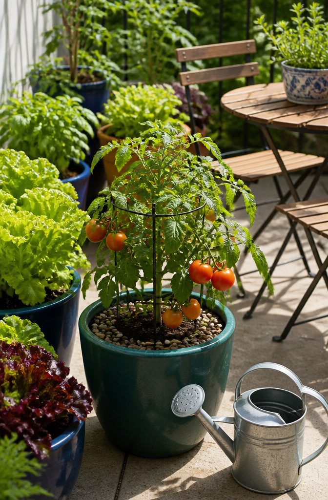 Garden Planning Layout: 7 Garden Layout Ideas for Any Space 5 Various pots and containers filled with plants on a concrete patio.