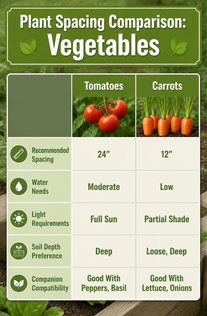 Garden Planning Layout: 7 Garden Layout Ideas for Any Space 10 An information image comparing plant spacing for different vegetable types.
