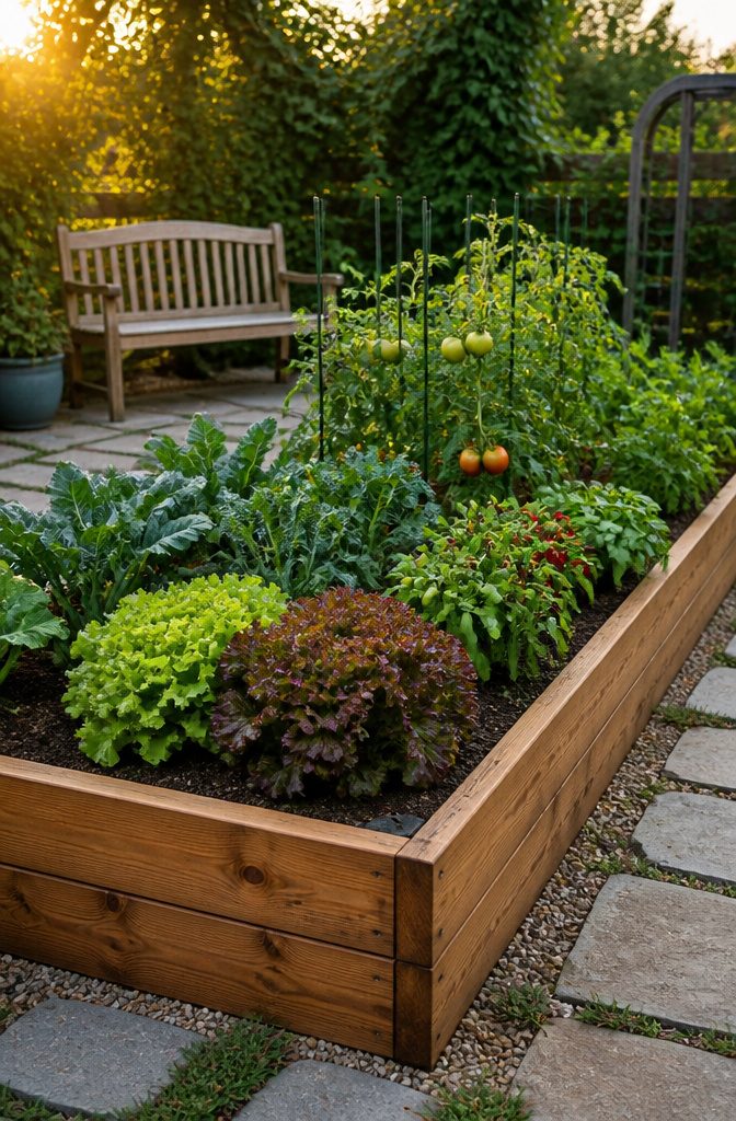 Garden Planning Layout: 7 Garden Layout Ideas for Any Space 7 A raised garden bed filled with vegetables and surrounded by a wooden bench.