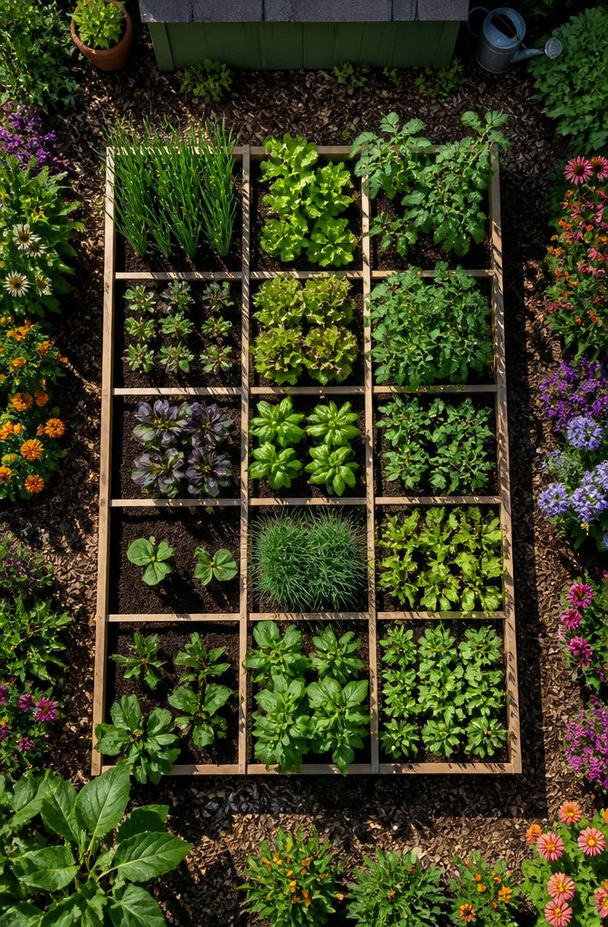 Garden Planning Layout: 7 Garden Layout Ideas for Any Space 1 A grid of square foot garden beds divided into 1x1-foot sections.