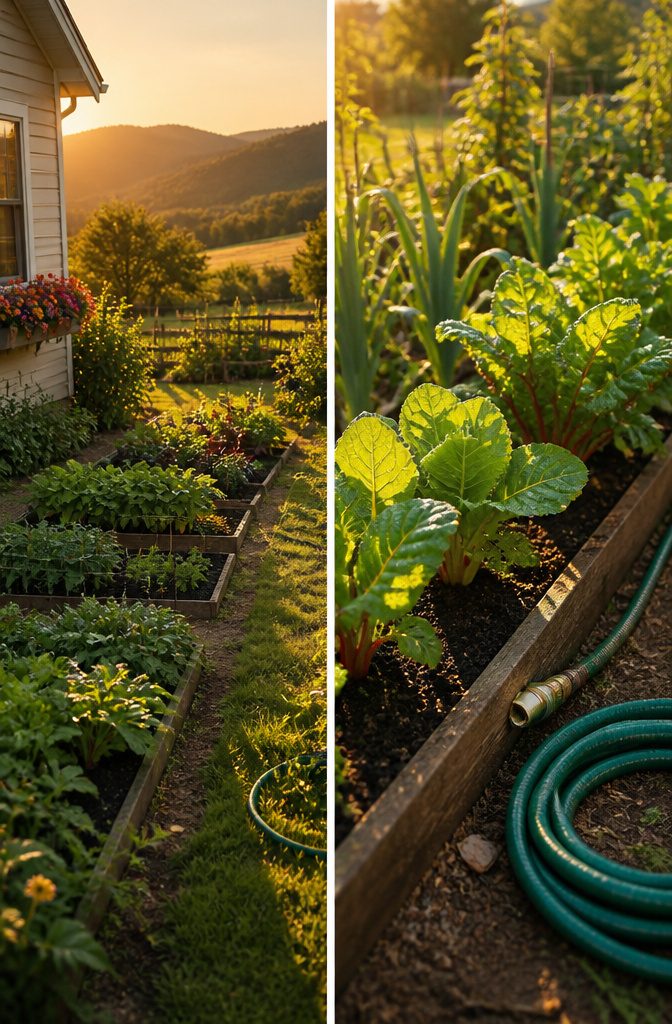 Garden Planning Layout: 7 Garden Layout Ideas for Any Space 8 A garden space with sunlight filtering through trees and a nearby water source.