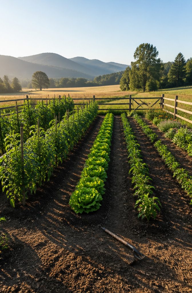 Garden Planning Layout: 7 Garden Layout Ideas for Any Space 2 A garden with straight rows of various vegetables organized by height.
