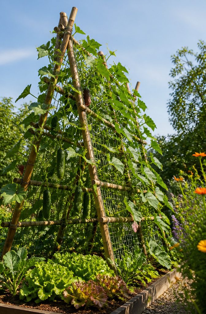 Garden Planning Layout: 7 Garden Layout Ideas for Any Space 6 Plants growing upward on a bamboo-and-wire-mesh A-frame trellis.