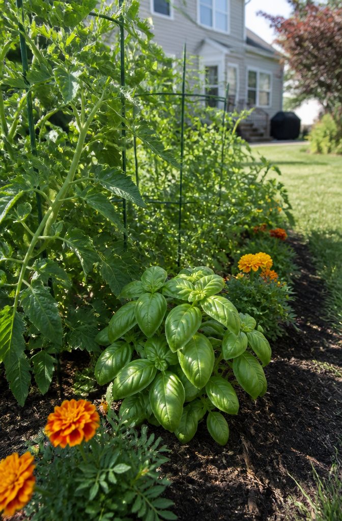 10 Essential Gardening Tips for Beginner Success 12 Companion plants including basil and tomatoes in a garden.