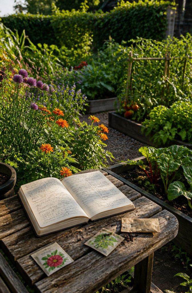 10 Essential Gardening Tips for Beginner Success 8 Open garden journal with handwritten notes on a bench.