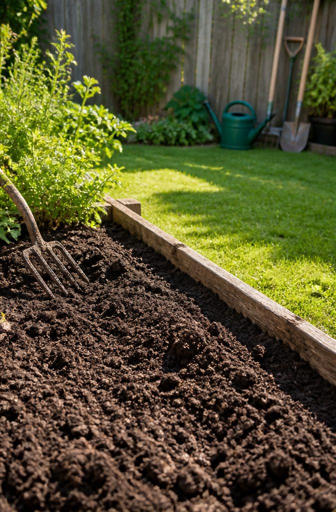 10 Essential Gardening Tips for Beginner Success 3 Close-up of crumbly, dark soil in a garden bed.