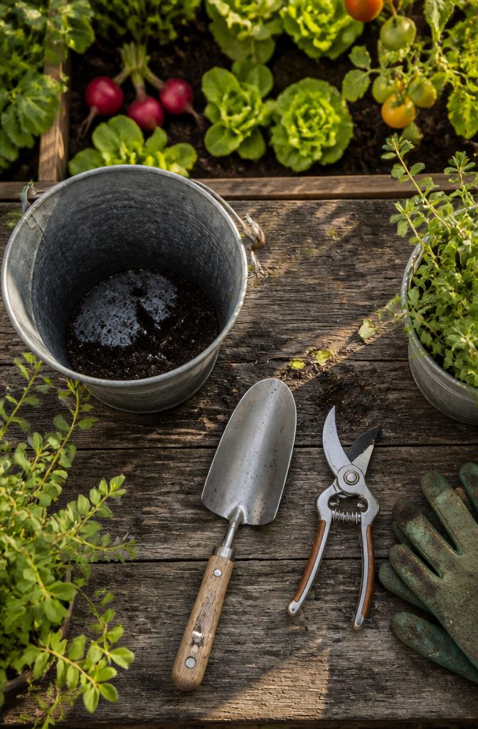 10 Essential Gardening Tips for Beginner Success 5 Metal trowel with wooden handle and other gardening tools.