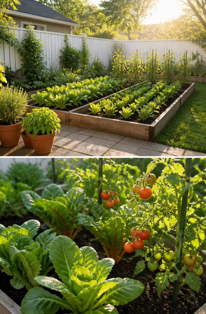10 Essential Gardening Tips for Beginner Success 2 A garden area with plants basking in bright sunlight.