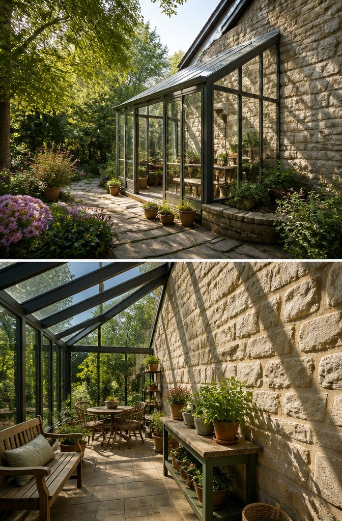 Greenhouse Attached to House: A Complete Building Guide 12 A shared wall between a house and an attached greenhouse.