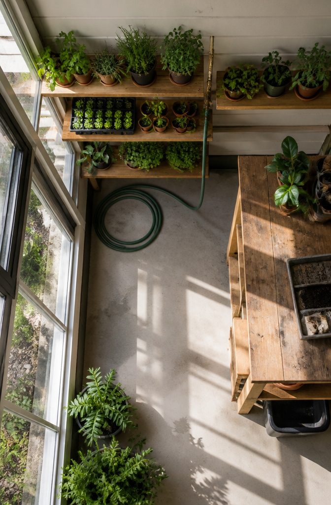 Greenhouse Attached to House: A Complete Building Guide 6 Shelving and a water hose bib in a greenhouse room.
