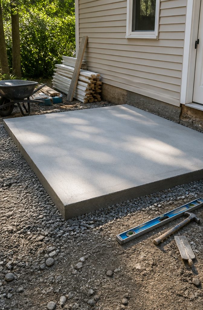 Greenhouse Attached to House: A Complete Building Guide 2 A concrete slab foundation for a greenhouse room under construction.