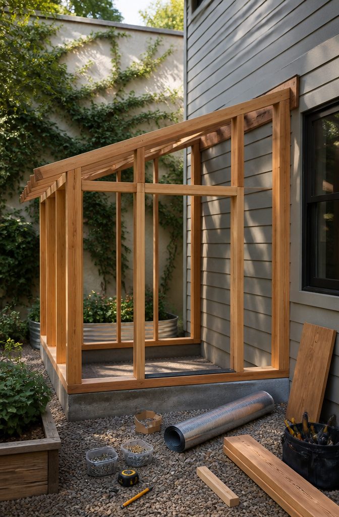 Greenhouse Attached to House: A Complete Building Guide 3 Wooden framing for a greenhouse attached to a house.