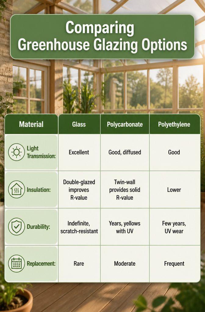 Greenhouse Attached to House: A Complete Building Guide 4 A chart comparing different greenhouse glazing materials.