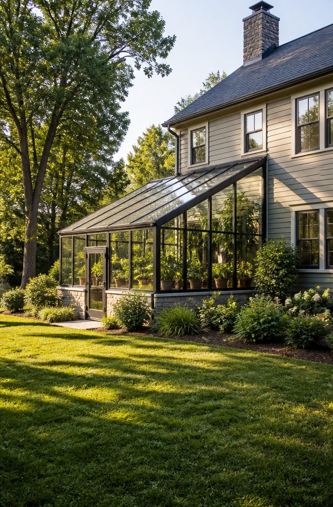 Greenhouse Attached to House: A Complete Building Guide 1 A greenhouse room attached to a house with a south-facing wall.