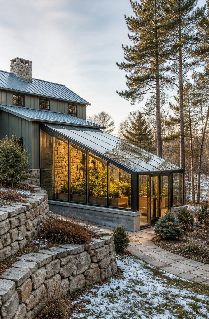 Greenhouse Attached to House: A Complete Building Guide 9 A solar greenhouse with slanted glazing panels.