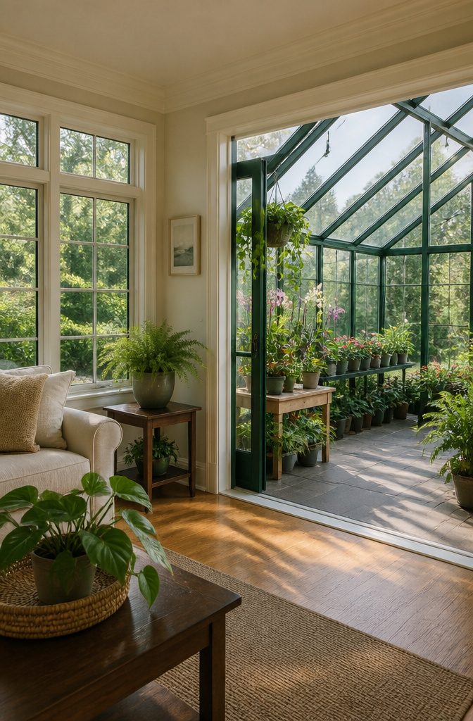 Greenhouse Attached to House: A Complete Building Guide 10 A sunroom connected to a greenhouse with polished hardwood floors.
