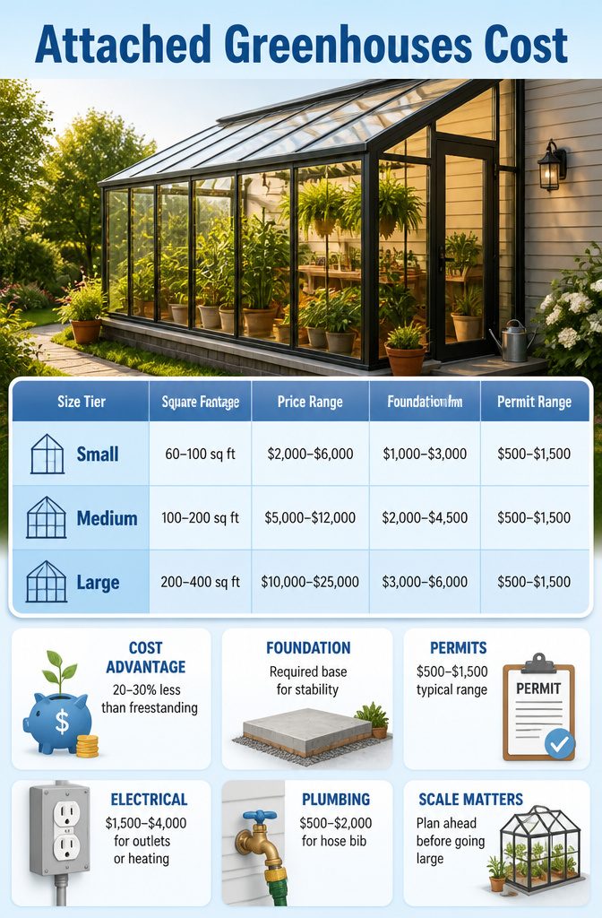 Greenhouse Attached to House: A Complete Building Guide 11 A chart detailing costs for different sizes of attached greenhouses.