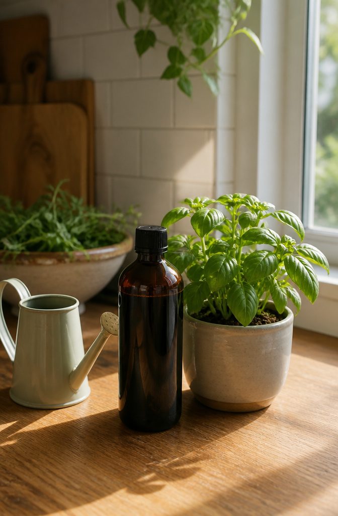 How to Grow Indoor Herbs: Steps and Tips for a Healthy Garden 5 Liquid fertilizer and a potted herb on a kitchen counter.
