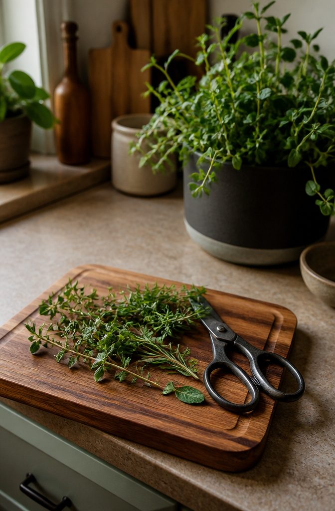 How to Grow Indoor Herbs: Steps and Tips for a Healthy Garden 6 Herb sprigs and garden scissors on a cutting board.