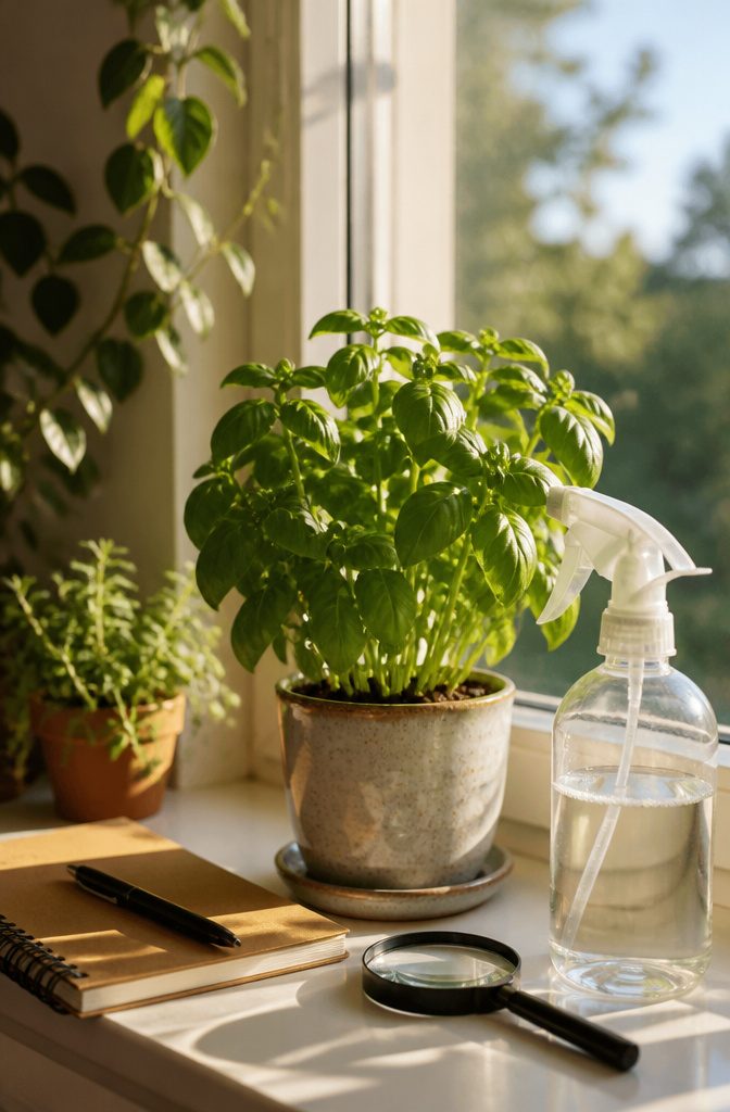 How to Grow Indoor Herbs: Steps and Tips for a Healthy Garden 11 Potted herb and spray bottle on a sunny windowsill.