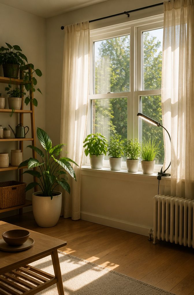 How to Grow Indoor Herbs: Steps and Tips for a Healthy Garden 3 Potted herbs placed by a window for sunlight exposure.