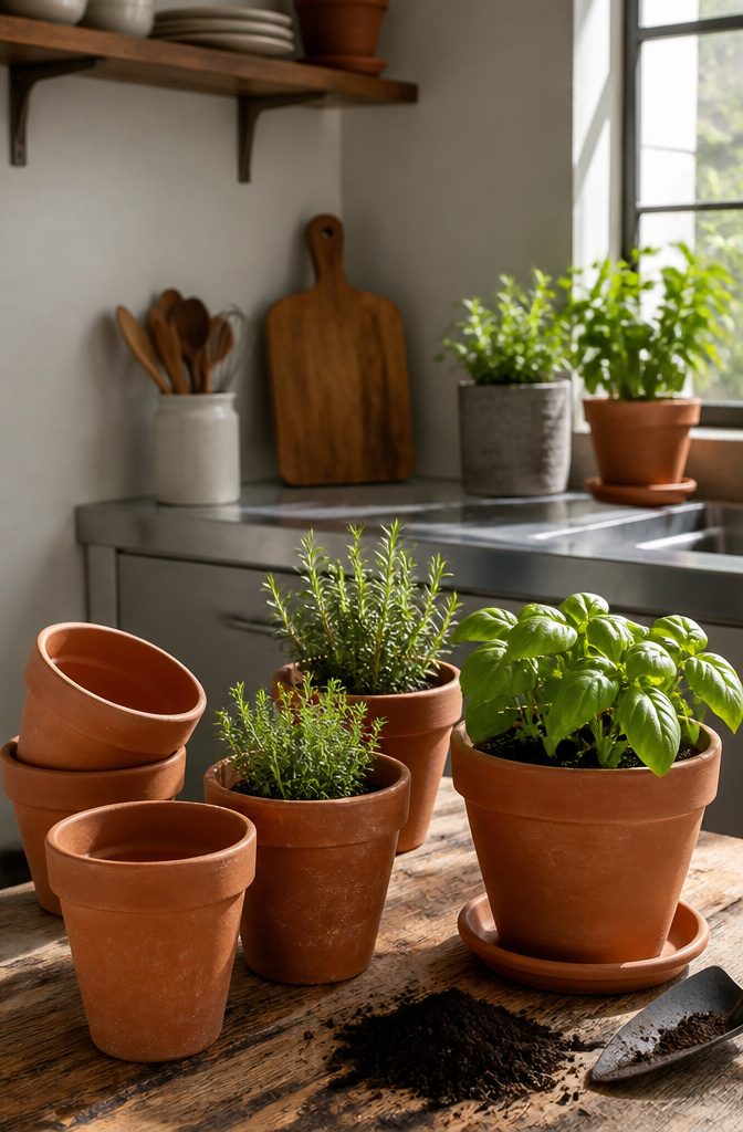 How to Grow Indoor Herbs: Steps and Tips for a Healthy Garden 1 Terra cotta pots on a wooden countertop, filled with potting soil.