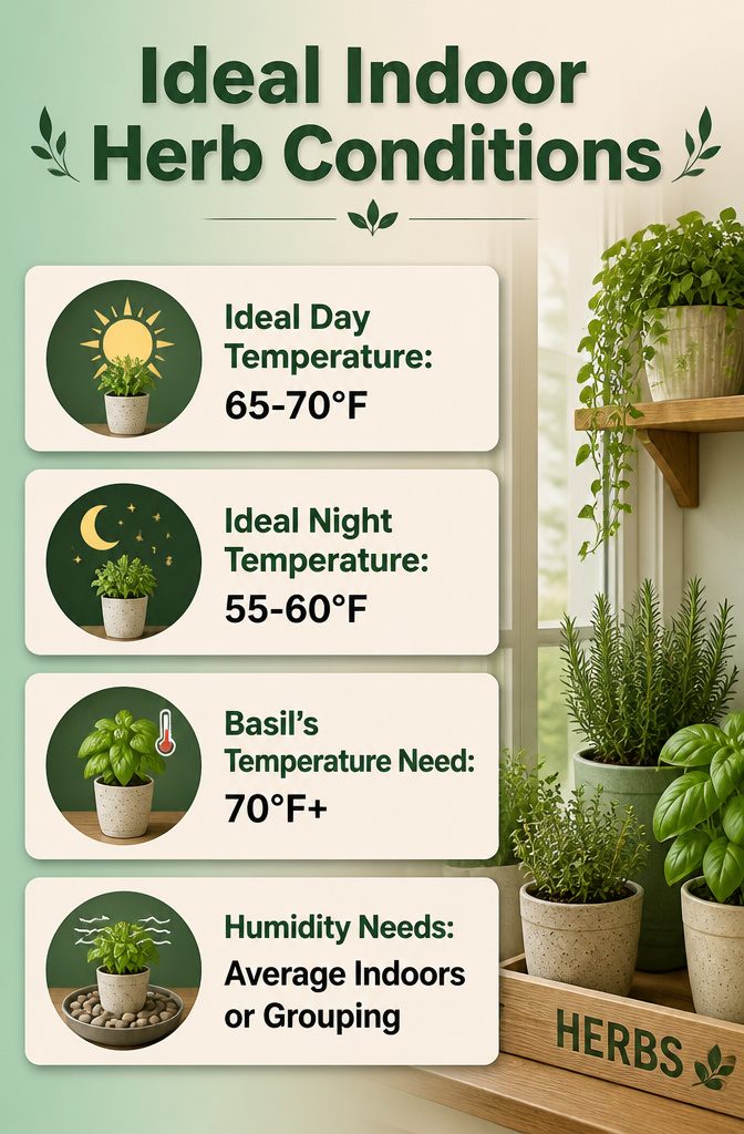 How to Grow Indoor Herbs: Steps and Tips for a Healthy Garden 12 Graphic displaying temperature ranges for indoor herbs.