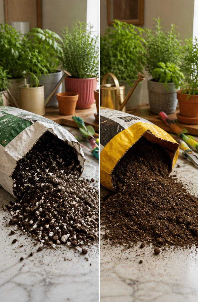 How to Grow Indoor Herbs: Steps and Tips for a Healthy Garden 2 Bags of potting mix and perlite on a counter.