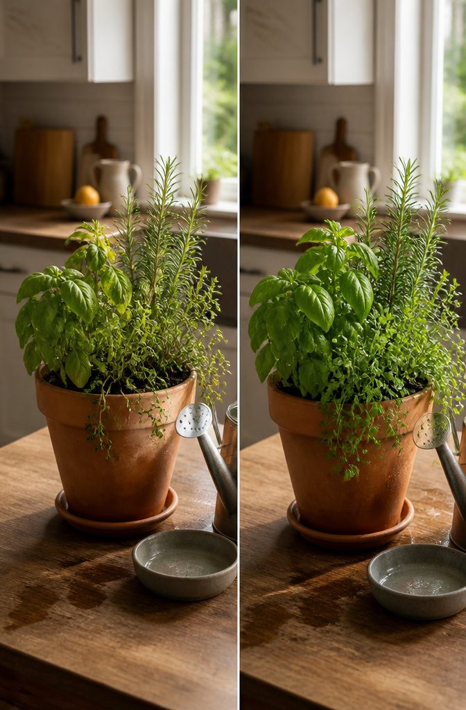 How to Grow Indoor Herbs: Steps and Tips for a Healthy Garden 4 Hand watering a potted herb plant on a countertop.