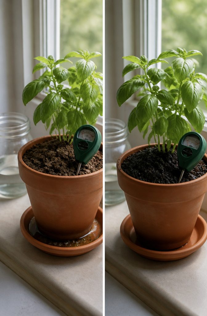 How to Grow Indoor Herbs: Steps and Tips for a Healthy Garden 9 Hand testing the soil moisture in a potted herb.
