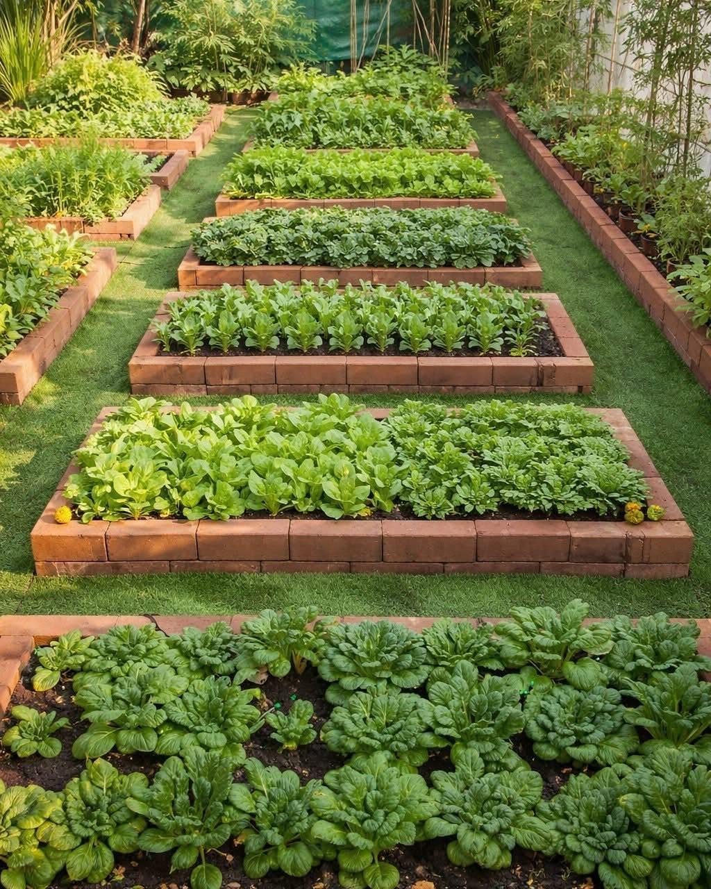 Growing Vegetables for Beginners: 7 Ideas to Start Your Garden 1 Raised brick garden beds filled with various green leafy vegetables arranged on a green lawn.
