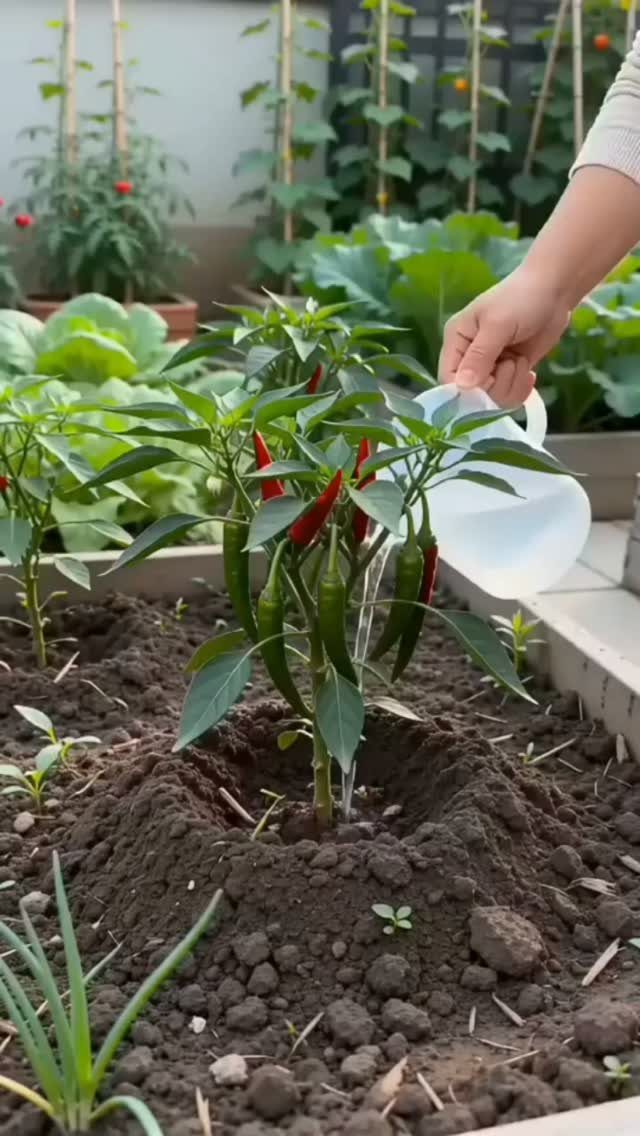 Growing Vegetables for Beginners: 7 Ideas to Start Your Garden 7 A hand watering a small chili pepper plant in a garden bed with dark soil.