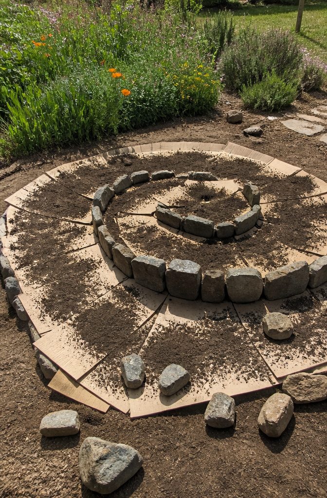 How to Build a Herb Spiral Garden: Layout, Soil, and Planting 3 An overhead view of cardboard arranged for an herb spiral garden foundation.