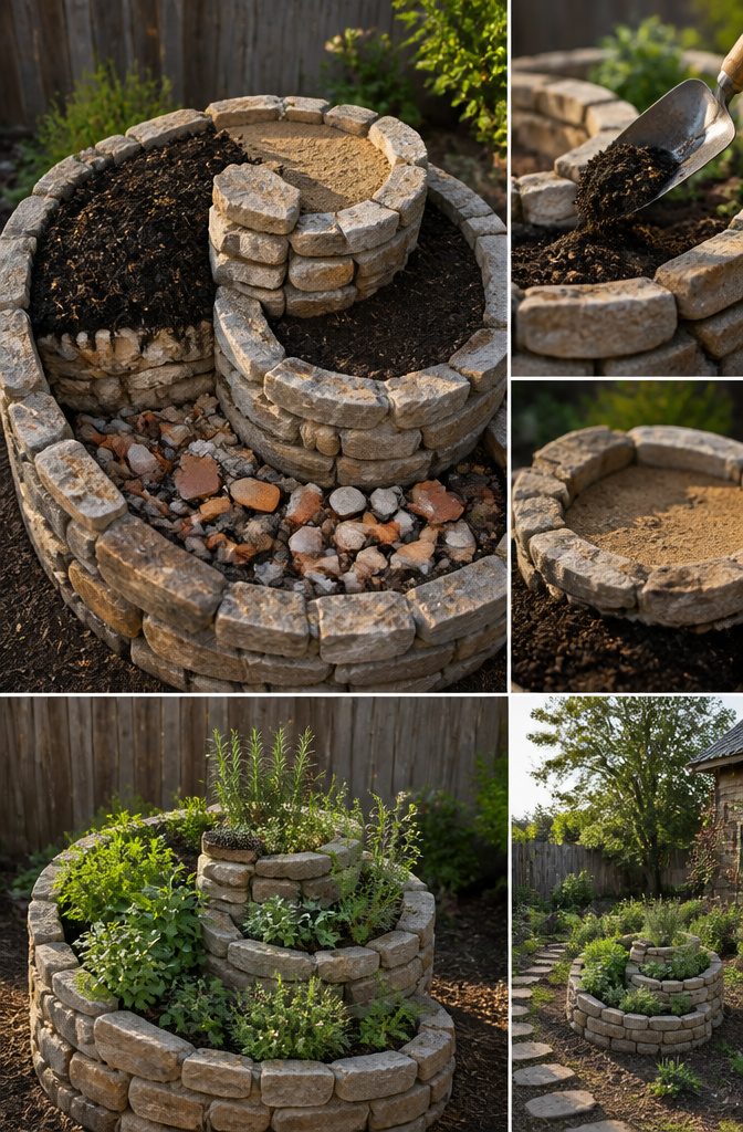 How to Build a Herb Spiral Garden: Layout, Soil, and Planting 4 Layering rubble and gravel at the base of an herb spiral garden.