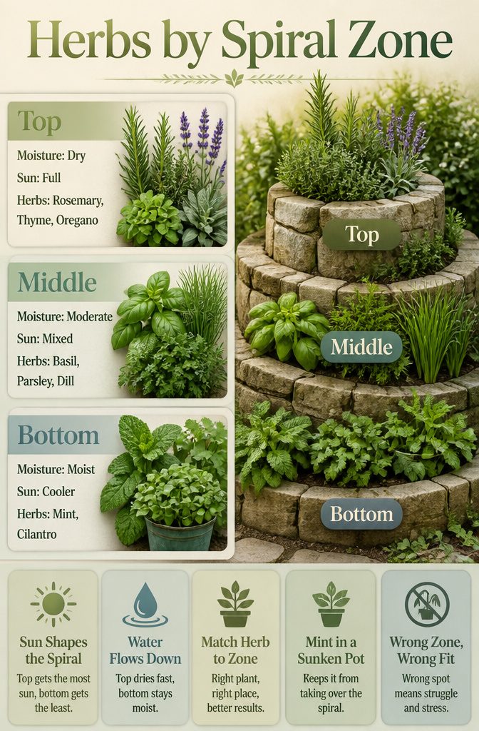 How to Build a Herb Spiral Garden: Layout, Soil, and Planting 9 Chart detailing herbs suited for different zones in an herb spiral garden.