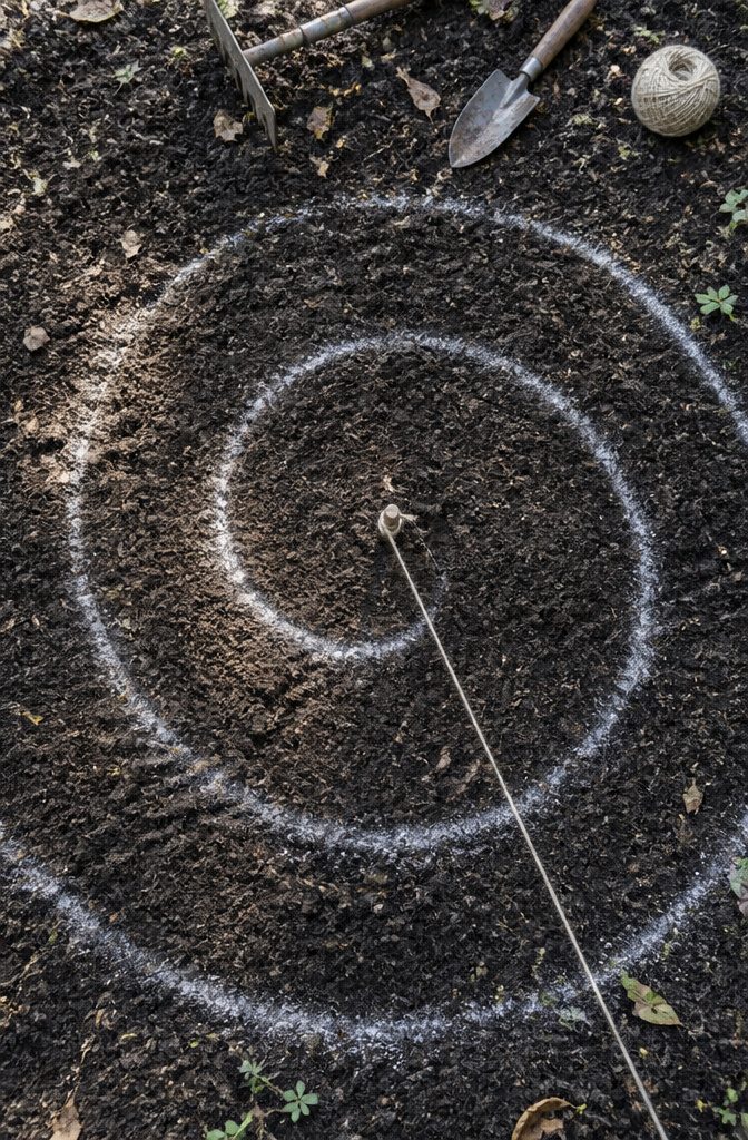 How to Build a Herb Spiral Garden: Layout, Soil, and Planting 2 A string tied to a stake marks the outline for an herb spiral garden.