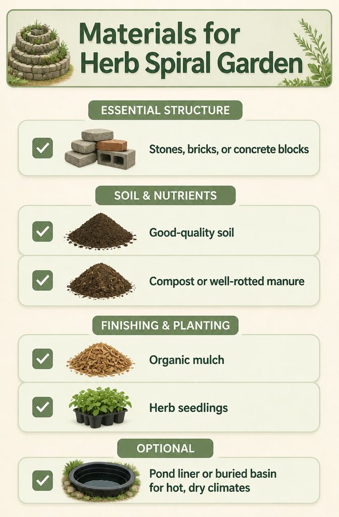 How to Build a Herb Spiral Garden: Layout, Soil, and Planting 8 Materials needed for constructing an herb spiral garden displayed together.