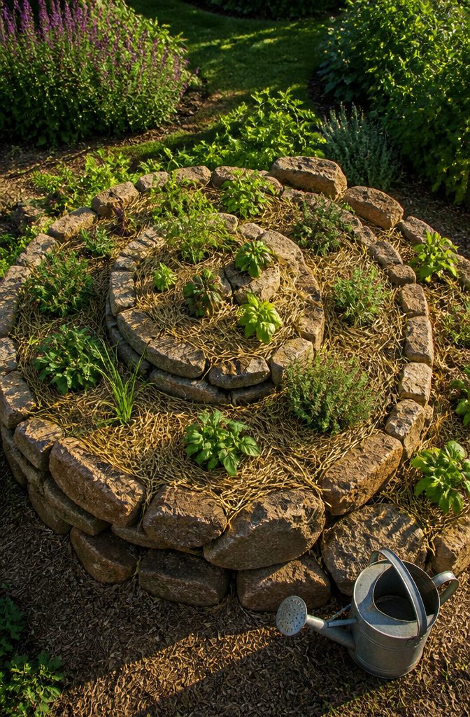 How to Build a Herb Spiral Garden: Layout, Soil, and Planting 6 Straw mulch applied around established plants in an herb spiral garden.